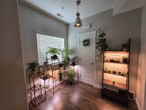 Entryway featuring dark wood finished floors and baseboards