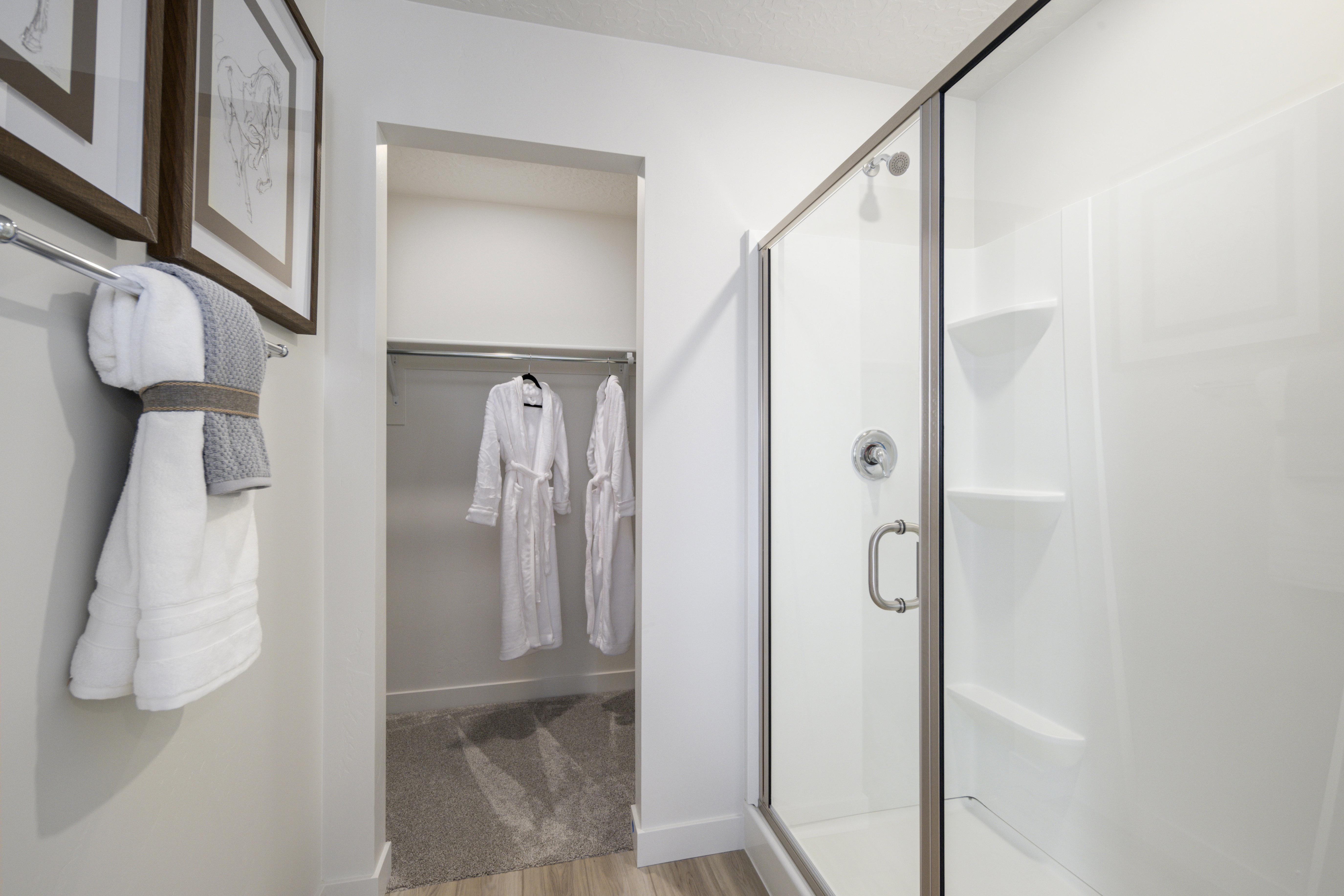 Full bath featuring a shower stall, light wood-style floors, and a walk in closet