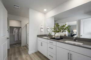 Bathroom featuring double vanity, light wood-type flooring, connected bathroom, a shower stall, and a walk in closet