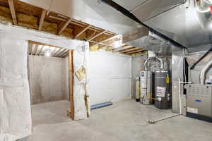 Unfinished below grade area featuring water heater and heating unit