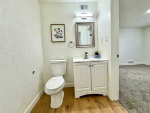 Half bathroom featuring vanity, a textured wall, light wood-style flooring, and a textured ceiling