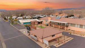 Aerial view at dusk of a residential view