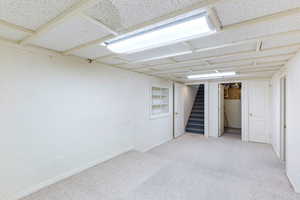 Finished basement featuring carpet and stairway