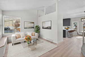 Living room with light wood finished floors, a textured ceiling, and vaulted ceiling