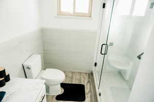 Full bath with a shower stall, healthy amount of natural light, vanity, wood finished floors, and wainscoting