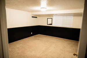 Empty room with wainscoting, wood walls, a textured ceiling, and carpet flooring