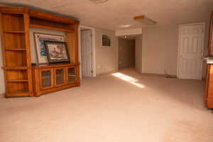 Unfurnished living room with light colored carpet and a textured ceiling