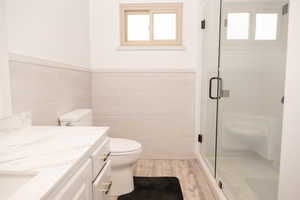 Full bathroom with vanity, a stall shower, tile walls, plenty of natural light, and wainscoting