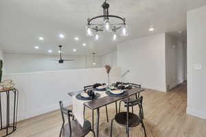 Dining space with recessed lighting, light wood-style flooring, and ceiling fan