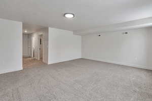 Unfurnished room featuring light colored carpet and a textured ceiling
