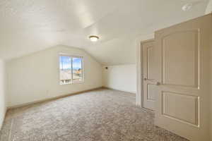 Bonus room with light carpet, lofted ceiling, and a textured ceiling