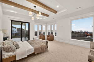 Bedroom featuring access to exterior, beamed ceiling, carpet, a chandelier, and recessed lighting