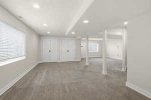 Basement with carpet and recessed lighting