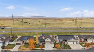 Aerial perspective of suburban area featuring mountains