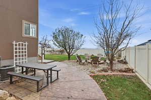 Fenced backyard with a patio area