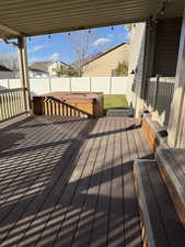 Wooden terrace featuring a fenced backyard and a hot tub
