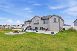 Back of house featuring a patio, a fire pit, stucco siding, and a fenced backyard
