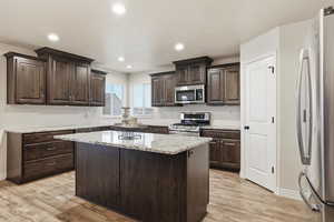 Kitchen with dark brown cabinets, stainless steel appliances, a center island, light wood finished floors, and recessed lighting