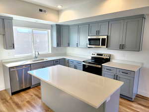 Kitchen with gray cabinets, stainless steel appliances, a kitchen island, and light wood finished floors