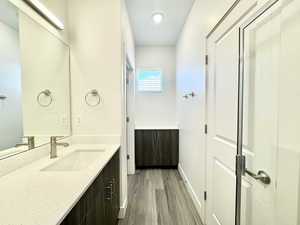 Full bathroom featuring vanity and dark wood-style floors