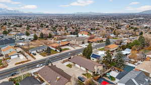 Aerial view of residential area with a mountain backdrop