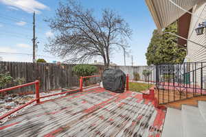 Wooden deck featuring a fenced backyard and a grill