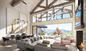 Living area with a fireplace, high vaulted ceiling, beamed ceiling, and wood-type flooring