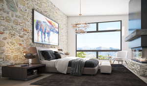 Bedroom with a chandelier, a multi sided fireplace, a mountain view, an accent wall, and wood finished floors