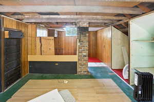 Below grade area with wooden walls and carpet