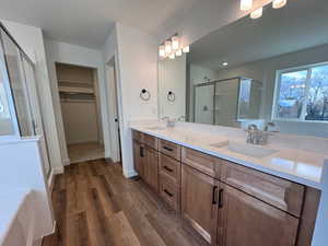 Bathroom with a shower stall, double vanity, a walk in closet, dark wood-style flooring, and a garden tub