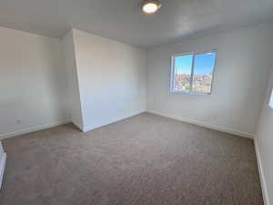 Spare room featuring light colored carpet and a textured ceiling