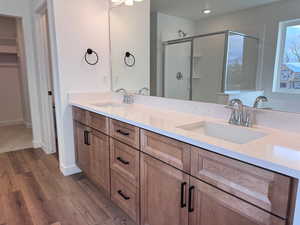Full bathroom featuring a walk in closet, double vanity, a stall shower, and light wood-type flooring
