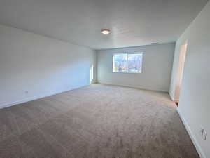 Carpeted spare room featuring a textured ceiling and baseboards
