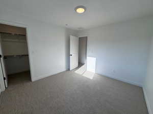 Unfurnished bedroom featuring a spacious closet and carpet flooring