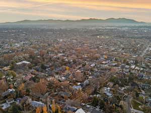 Aerial view at dusk of a mountain view and a residential view