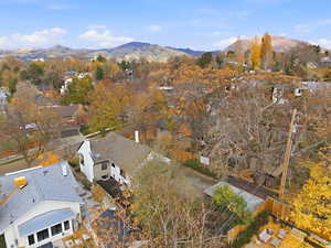 Aerial view of residential area with mountains