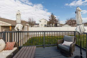Wooden deck featuring a fenced backyard and a residential view