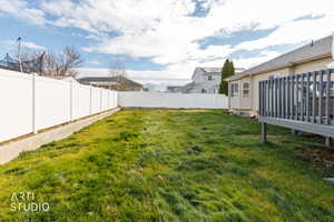 Fenced backyard with a residential view