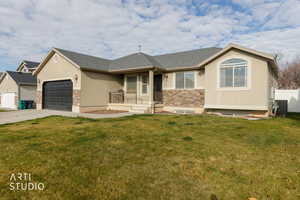 View of front facade with stucco siding, driveway, stone siding, a porch, and an attached garage