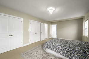Bedroom with two closets and carpet floors