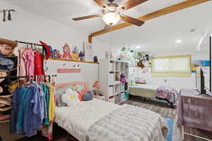 Bedroom featuring recessed lighting, wood finished floors, and ceiling fan