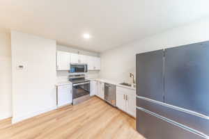 Kitchen featuring appliances with stainless steel finishes, white cabinetry, and light wood-type flooring