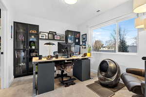 Office space with light colored carpet and a textured ceiling