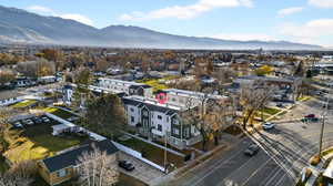 Aerial perspective of suburban area with mountains