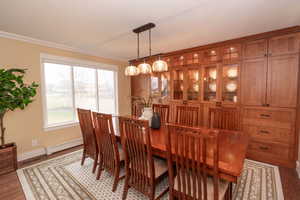Dining space with a baseboard radiator, wood finished floors, and crown molding