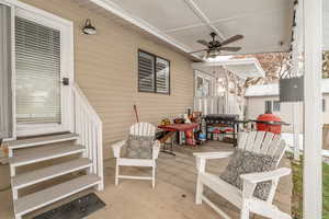 View of patio / terrace with a ceiling fan, entry steps, and a grill