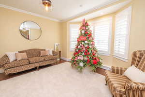 Living area featuring crown molding and wood finished floors
