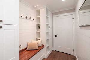 Mudroom featuring crown molding, dark wood-type flooring, and recessed lighting