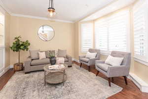 Living area featuring wood finished floors and ornamental molding
