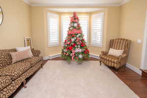 Sitting room featuring dark wood-type flooring, a baseboard heating unit, and ornamental molding